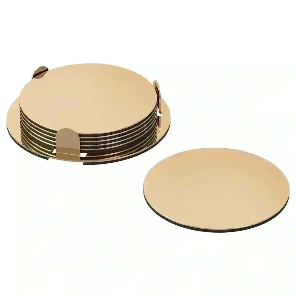 IKEA GLATTIS Coasters with holder, brass / gold color, 3 " Set of 6